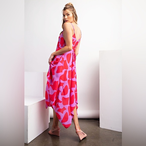 Easel Geo Print Sharkbite Woven Dress Sz S Asymmetrical Tie Waist Midi Dress - Picture 3 of 11